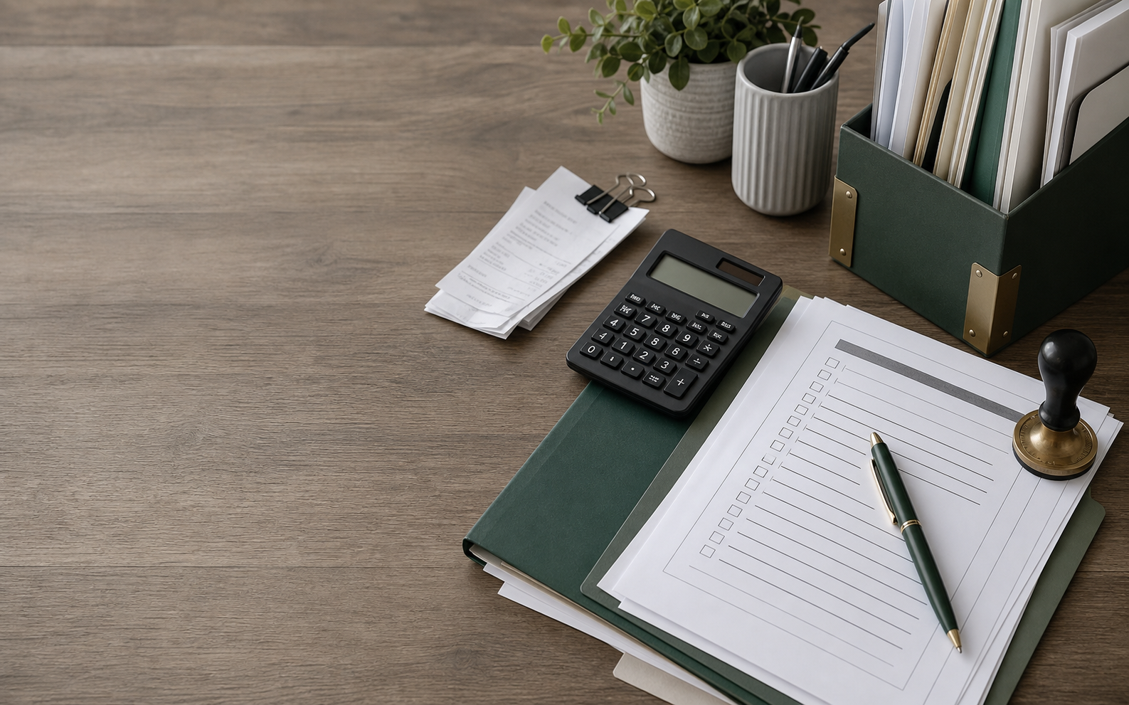 Organized bookkeeping folders, calculator, receipts, and notary materials